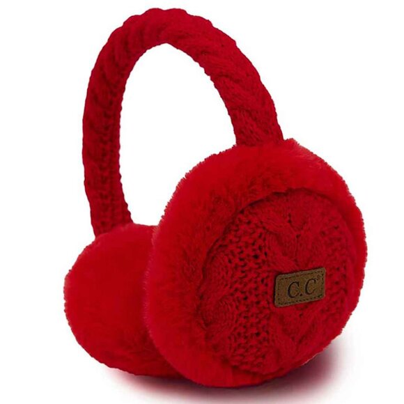 New RED Cable Knit Furry Earmuffs Adjustable Winter Ear Warmers Cozy - Picture 1 of 3